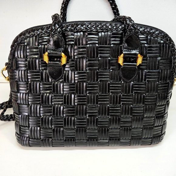 VINTAGE CEM Black Basket Weave Genuine Leather Convertible Shoulder Bag Purse - Picture 3 of 10